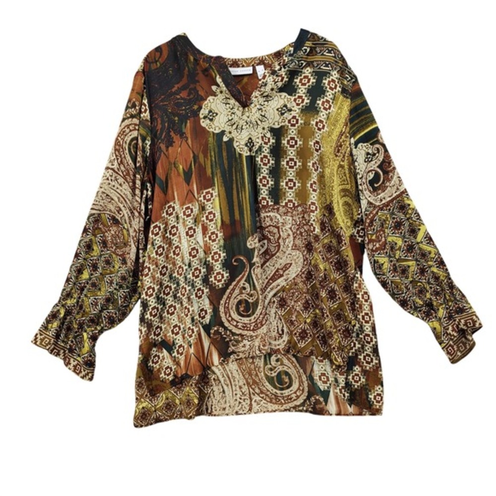 Susan Graver Womens Earthy Maximalist Flowy Blouse XL Top Brown Paisley Ruched